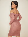Ruched Off Shoulder Mesh Bodycon Dress