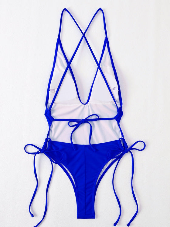 Solid Drawstring One Piece Swimsuit