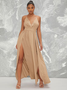  M Slit Cross Back Neon Red Cami Prom Dress