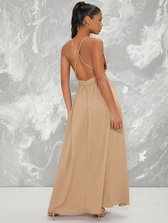 M Slit Cross Back Neon Red Cami Prom Dress