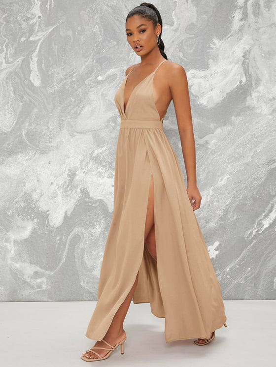 M Slit Cross Back Neon Red Cami Prom Dress