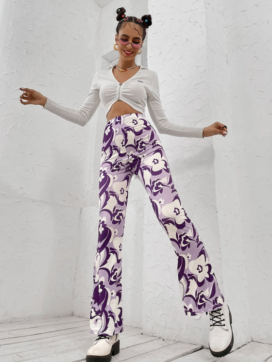 Allover Floral Print Flare Leg Pants