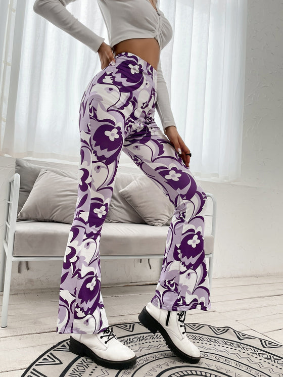 Allover Floral Print Flare Leg Pants