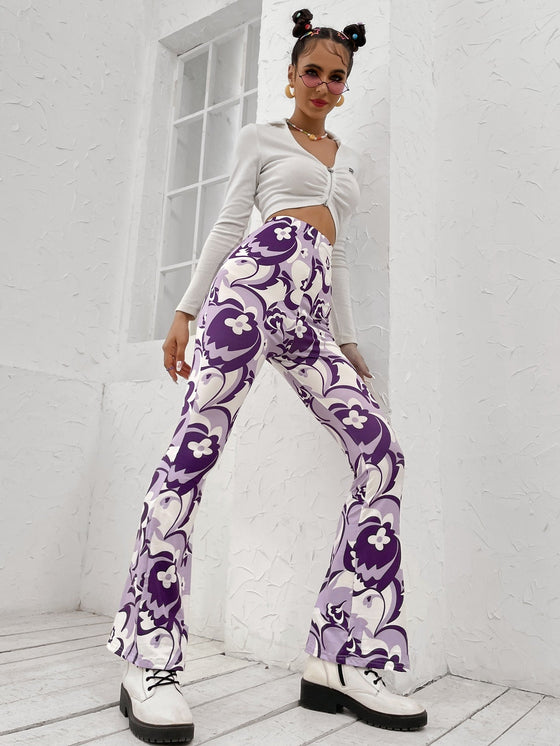 Allover Floral Print Flare Leg Pants