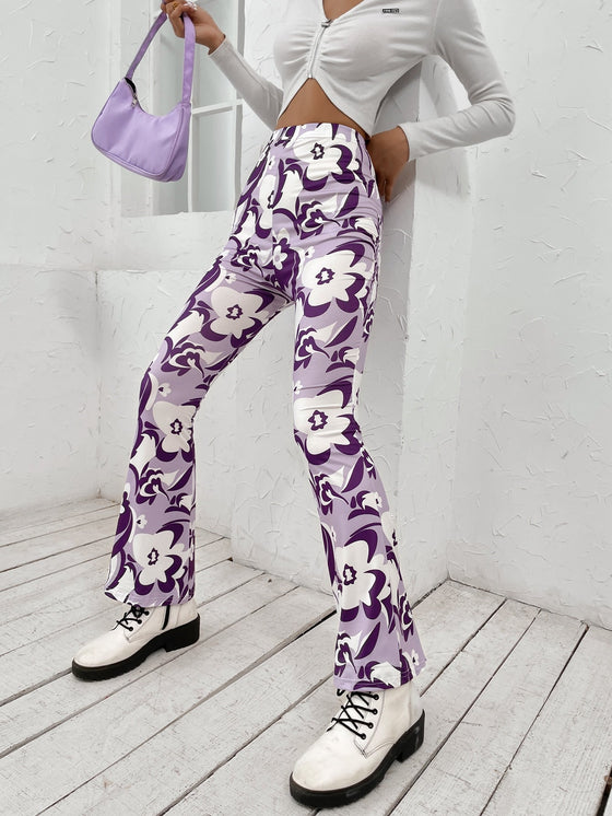 Allover Floral Print Flare Leg Pants