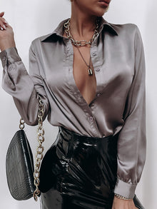  Satin Solid Button Front Shirt
