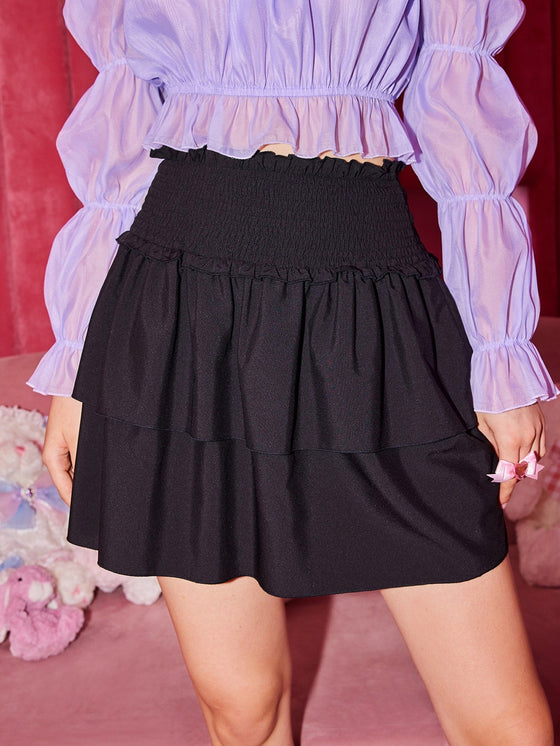 Kawaii Solid Shirred Layered Skirt