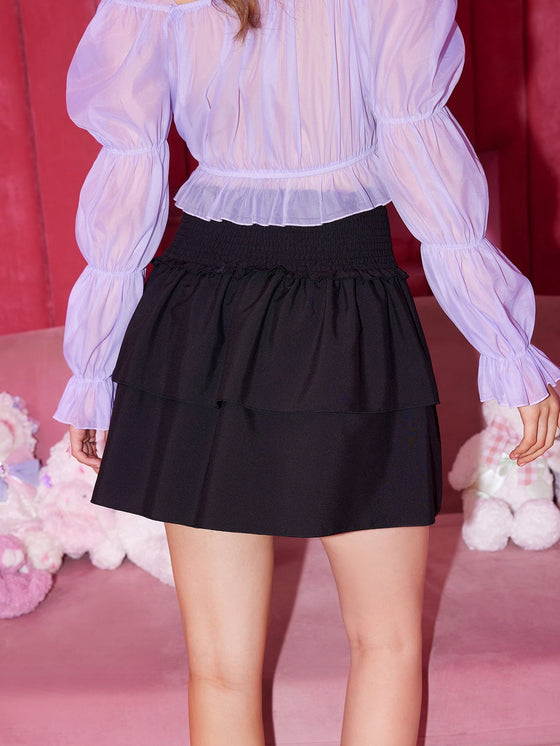 Kawaii Solid Shirred Layered Skirt