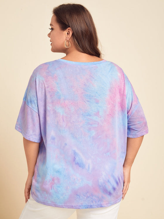 Plus Tie Dye Slogan Graphic Drop Shoulder Tee