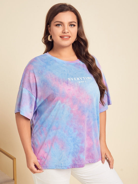 Plus Tie Dye Slogan Graphic Drop Shoulder Tee