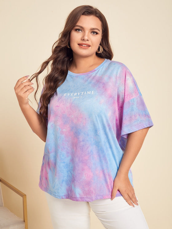 Plus Tie Dye Slogan Graphic Drop Shoulder Tee