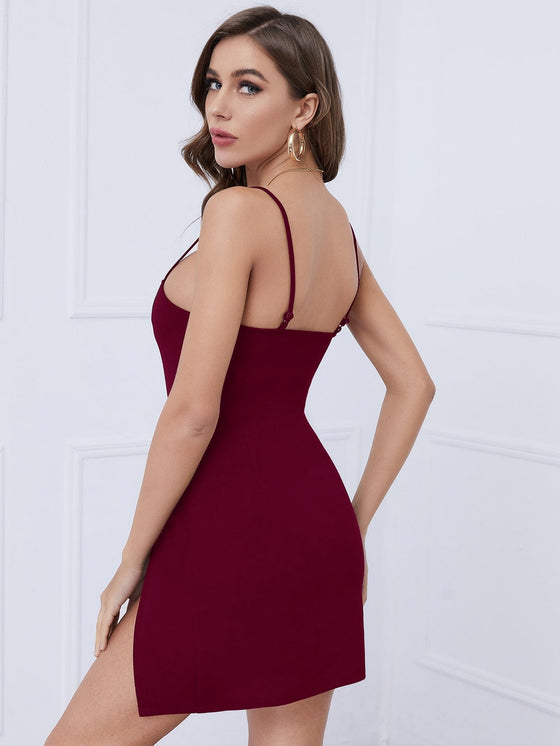 Notch Neck Split Hem Solid Dress