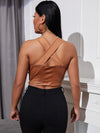 SXY Solid Criss Cross Zip Decor Crop Tank Top