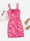 Heart Print Ruched Bust Frill Trim Knot Front Cami Dress