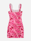 Heart Print Ruched Bust Frill Trim Knot Front Cami Dress