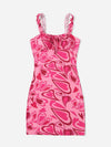 Heart Print Ruched Bust Frill Trim Knot Front Cami Dress