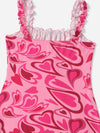 Heart Print Ruched Bust Frill Trim Knot Front Cami Dress