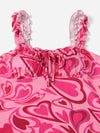 Heart Print Ruched Bust Frill Trim Knot Front Cami Dress