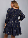 Plus Star Print Bishop Sleeve Ruffle Hem Dress