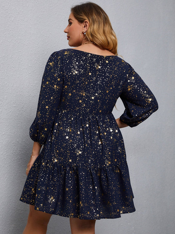 Plus Star Print Bishop Sleeve Ruffle Hem Dress