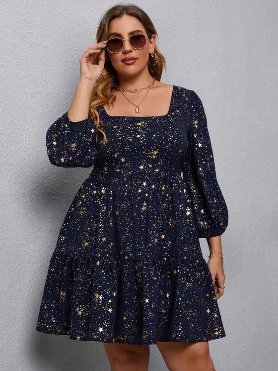 Plus Star Print Bishop Sleeve Ruffle Hem Dress