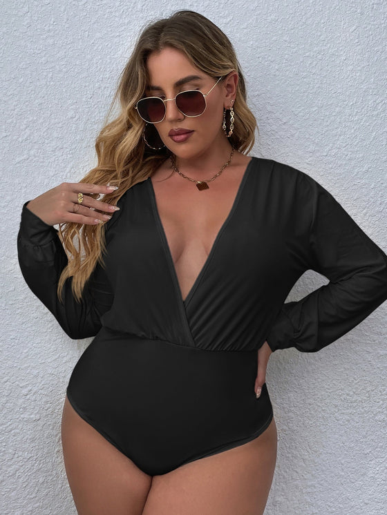 Plus Solid Wrap Deep V Neck Bodysuit
