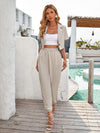 Single Button Lapel Collar Crop Blouse Pants Without Cami Top