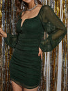 Notched Neckline Mesh Panel Ruched Bodycon Dress