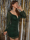 Notched Neckline Mesh Panel Ruched Bodycon Dress