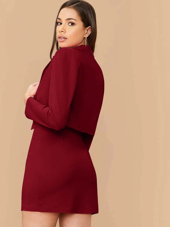 Peak Collar Double Breasted Blazer Slit Hem Skirt Set
