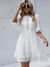 Swiss Dot Flounce Sleeve Guipure Lace Appliques Dress