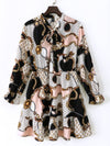 Plus Chain Geo Print Flounce Sleeve Tie Neck Ruffle Hem Dress