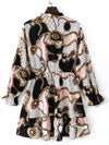 Plus Chain Geo Print Flounce Sleeve Tie Neck Ruffle Hem Dress