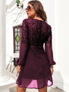 Guipure Lace Insert Lantern Sleeve Chiffon Dress