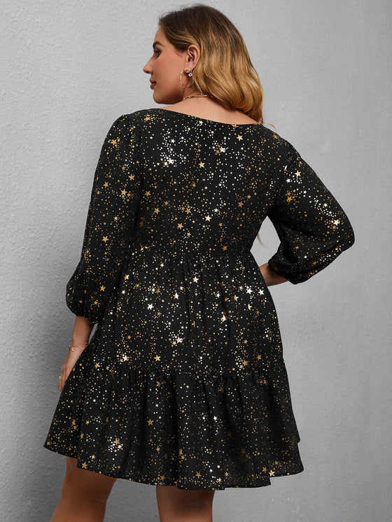 Plus Star Print Bishop Sleeve Ruffle Hem Dress