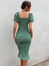 Ditsy Floral Puff Sleeve Shirred Bodycon Dress