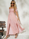 Ditsy Floral Off Shoulder Shirred Split Thigh Dress