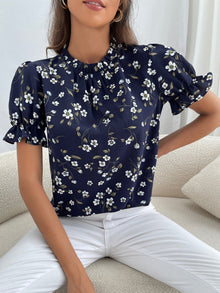  Floral Print Puff Sleeve Frilled Neck Blouse