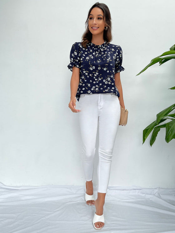 Floral Print Puff Sleeve Frilled Neck Blouse