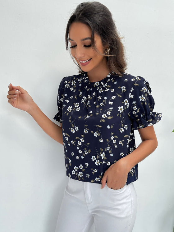 Floral Print Puff Sleeve Frilled Neck Blouse