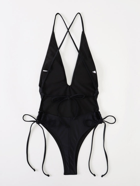 Solid Drawstring One Piece Swimsuit