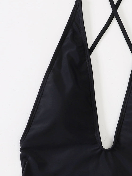 Solid Drawstring One Piece Swimsuit
