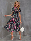 Mock Neck Floral Print Half Button Ruffle Hem Dress