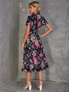 Mock Neck Floral Print Half Button Ruffle Hem Dress
