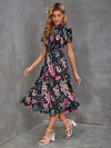 Mock Neck Floral Print Half Button Ruffle Hem Dress