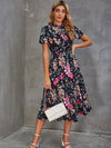 Mock Neck Floral Print Half Button Ruffle Hem Dress