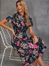Mock Neck Floral Print Half Button Ruffle Hem Dress