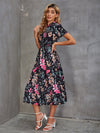 Mock Neck Floral Print Half Button Ruffle Hem Dress