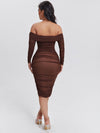 Ruched Off Shoulder Mesh Bodycon Dress