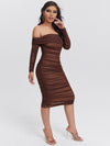 SXY Ruched Off Shoulder Mesh Bodycon Dress